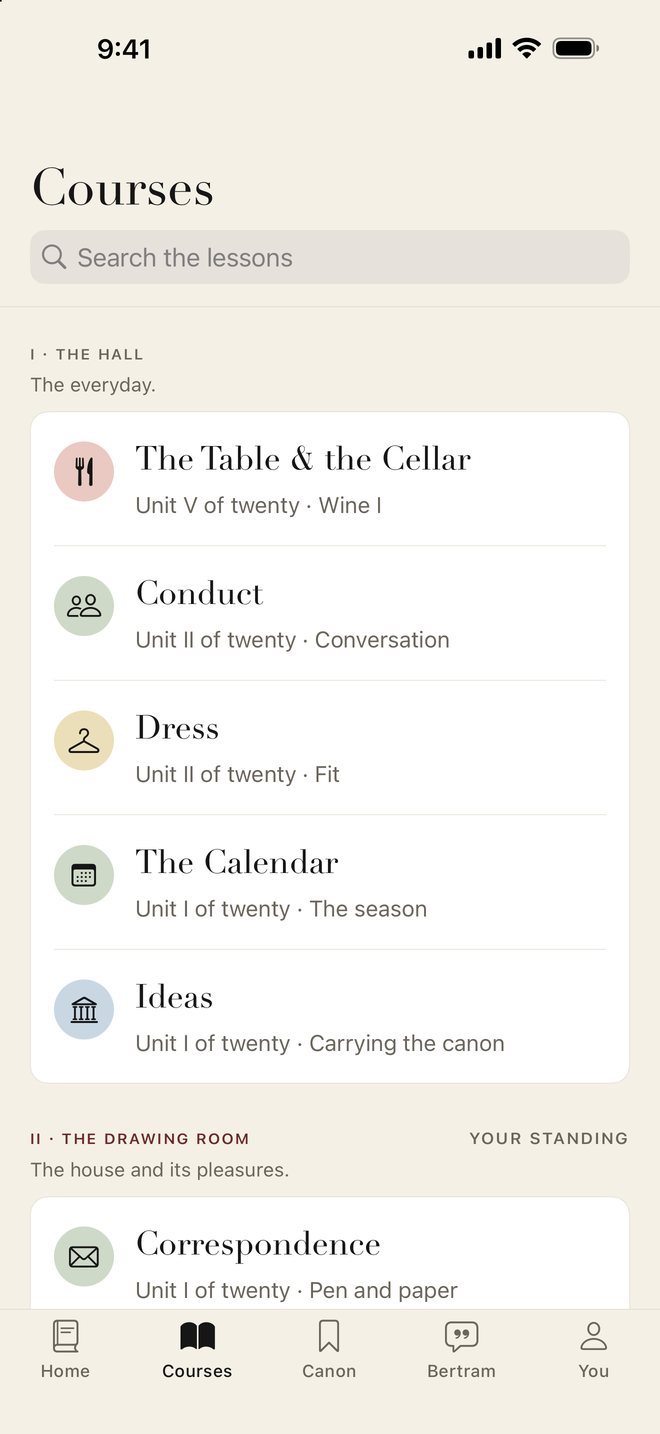 The Courses page: the Hall's five courses, each with its mark
